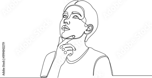 Continuous line drawing of a thoughtful young woman looking up, chin resting on hand