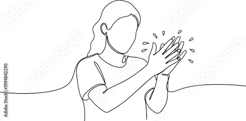 Continuous line drawing of a woman clapping hands, applause, celebration, positive reaction