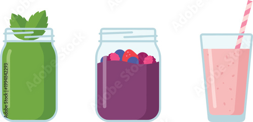 Healthy Smoothie Drinks Set in Glass Jars and Cup with Straw Featuring Green Juice Berry Blend and Pink Shake Flat Vector Illustration