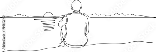 Person sitting on beach watching sunrise over ocean and mountains, line art.