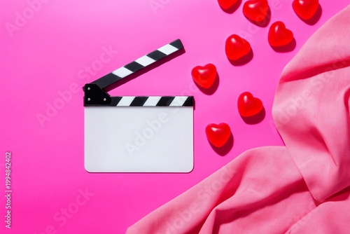 Clapperboard Sits on a Bright Pink Surface With Red Hearts and a Piece of Fab...