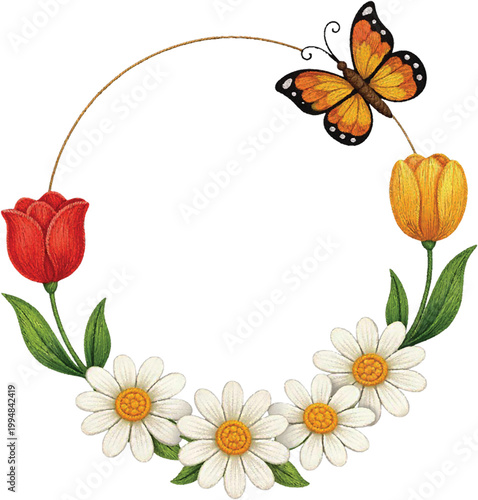 Embroidered round floral frame with white daisies red and yellow tulips and a monarch butterfly with 3d needlework texture isolated on white background for spring greeting cards