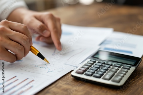 Hands Point to Financial Documents With Calculator on Wooden Table Near Windo...