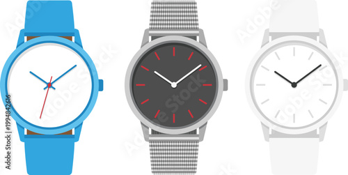Set of modern wrist watch icons featuring minimalist designs with blue silver and white straps
