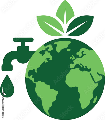 Green globe with faucet and leafy plant on top symbolizing eco friendly water conservation