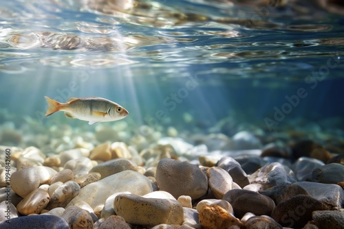 Fish Swimming Near Rocks in Clear Water With Sunlight Above in an Underwater ...