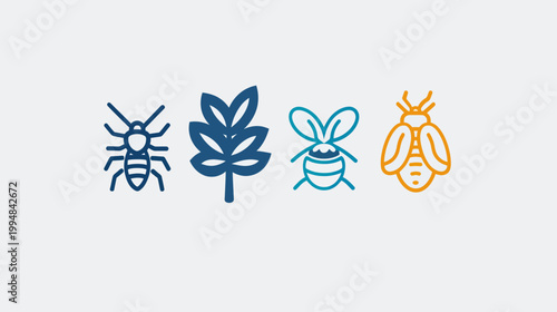 Line art icons featuring an ant, leaf, honey bee, and a beetle on a light background