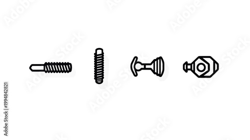 Linear illustration of four different mechanical fasteners in solid black lines on a white background