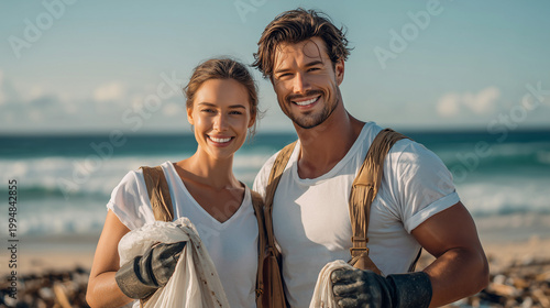 Newlyweds Hosting Volunteer Beach Cleanup Smiling Outdoor Environmental Conservation Effort Sustainable Lifestyle Concept