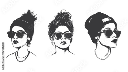 Three stylized, black and white portraits of women wearing sunglasses and hats, isolated on white