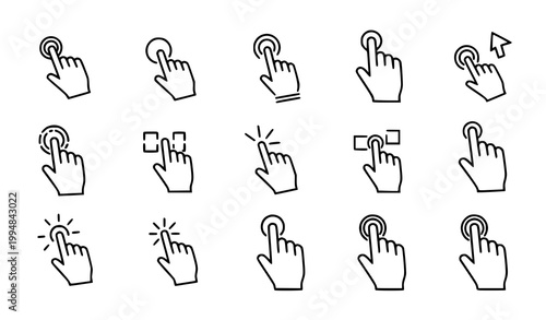 Hand cursor gesture icons geometric outline click drag zoom vector illustration isolated