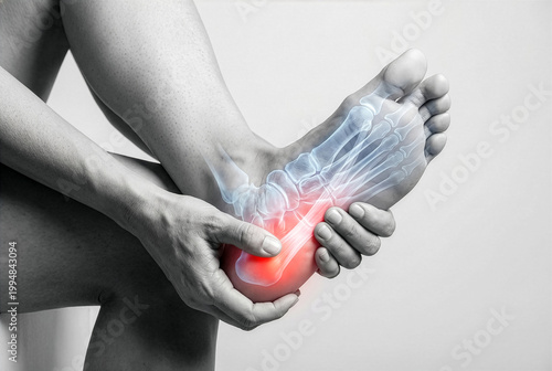 Close up of person with heel pain showing translucent foot bone anatomy and red highlights on grayscale background.