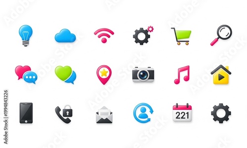 Modern Technology Icons Array in Bright Colorful Style