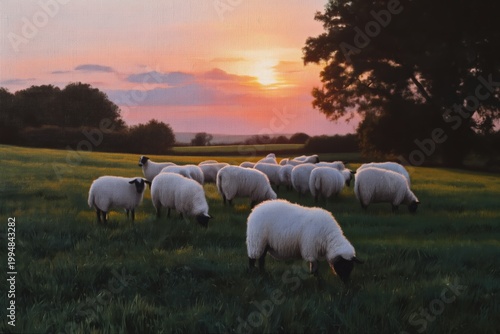 Sheep Grazing on Green Grass in a Field During Sunset in Rural Area