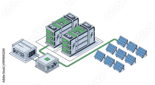 Isometric Solar Energy Storage System with Solar Panels, Lithium Batteries, and Power Inverters for Sustainable Power Grid