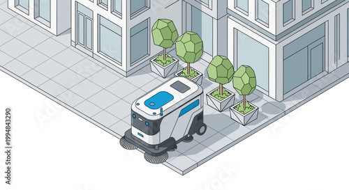 Autonomous Street Sweeper Robot Cleaning Modern City Sidewalk Isometric Illustration