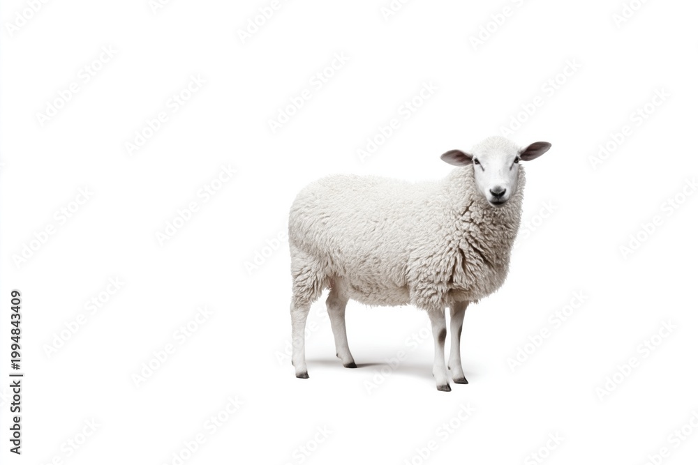 Fototapeta premium Sheep Stands on a White Background Looking Directly at the Viewer in a Simple Setting
