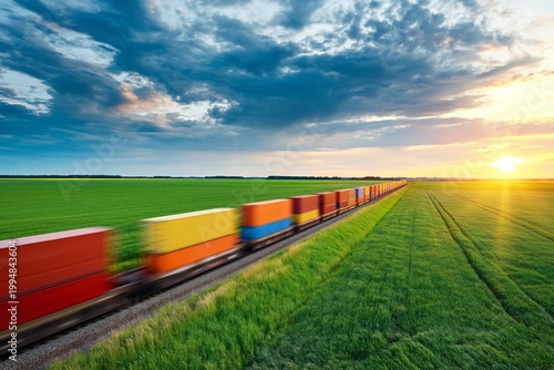Colors of Cargo Train Moving Through Green Field at Sunset in the Evening Sky