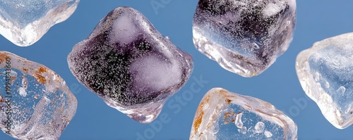 Top view of realistic ice cubes with frozen bubbles and soft reflections on a blue background, macro detail of refreshing clear ice blocks for summer drinks
