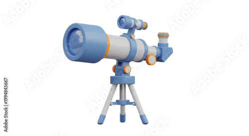 Vector illustration of 3d illustration of a blue astronomical telescope on a tripod on a transparent background