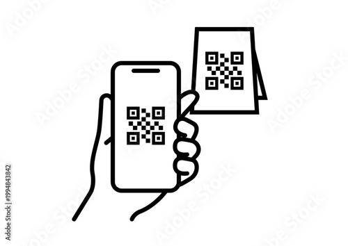 スマートフォンでコード決済をする手元のアイコン キャッシュレス決済の線画イラスト