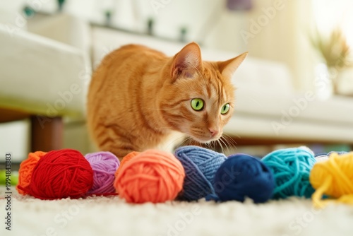Cat Playing With Colorful Yarn Balls in a Bright Living Room During the After...