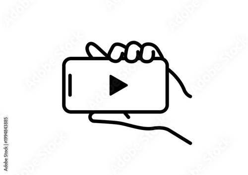 スマートフォンで動画を再生する手元のアイコン 横向き画面の線画イラスト