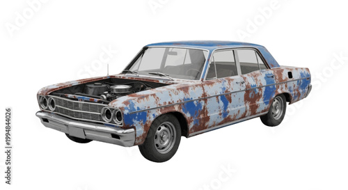 Vector illustration of old rusty vintage car with open hood on a transparent background