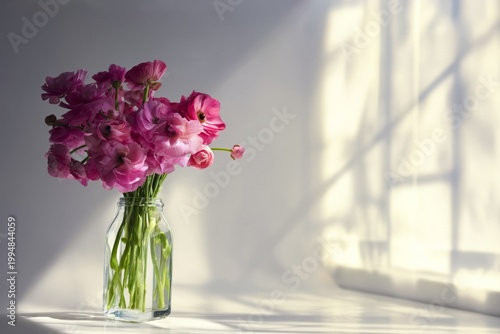 Fresh Flowers in a Glass Vase on a White Table With Sunlight Shining Through ...