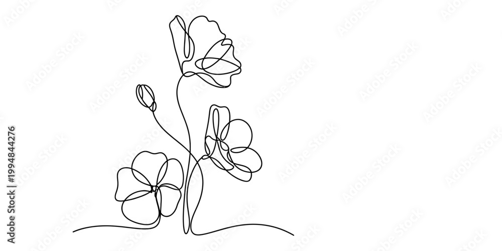 Obraz premium Continuous single line drawing of three beautiful blooming poppy flowers