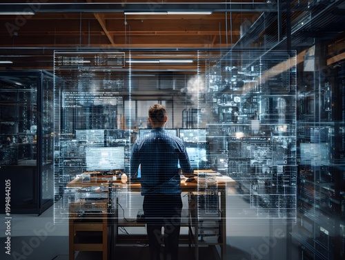 Engineer working on advanced data security systems in server room