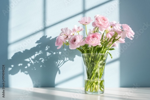 Pink Flowers in Clear Vase on a Table With Soft Light and Shadows in a Room
