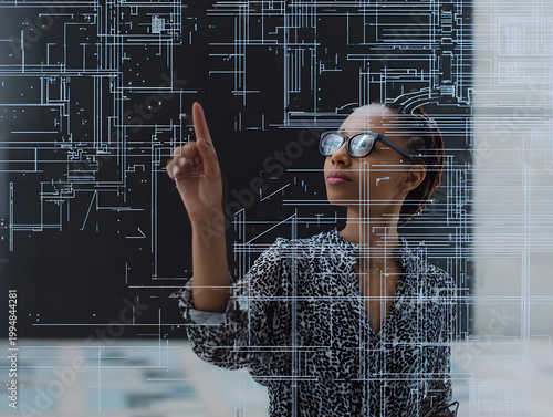 Woman interacting with futuristic digital interface displaying complex data visualization