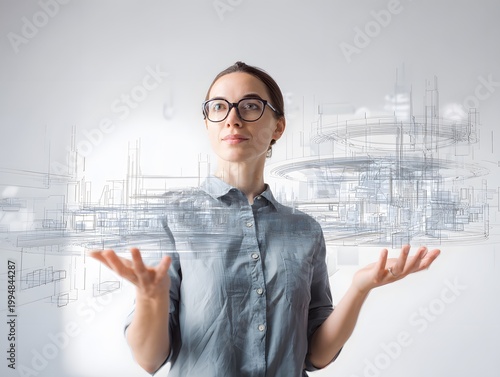 Architectural blueprint visualization with a woman presenting a futuristic city design