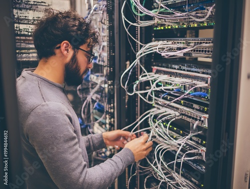 Professional IT Engineer Working on Server Cables in Modern Data Center
