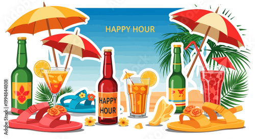 Happy hour beach scene with colorful drinks and umbrellas