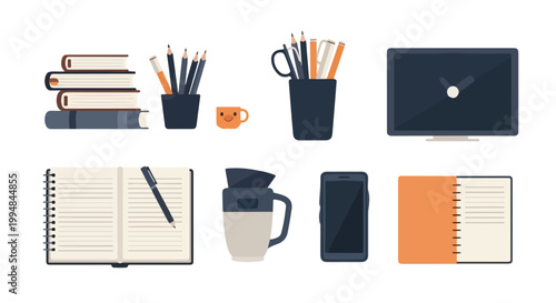 Fotografie A minimalist vector collection of desk essentials, featuring books, stationery, electronic devices, and notebooks for work or study organization