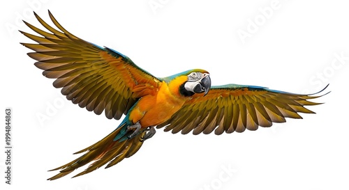 A vibrant macaw soaring with wings spread wide