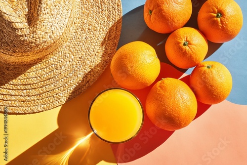 Enjoying Fresh Orange Juice and Oranges on a Colorful Surface With a Straw Ha...