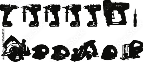 Vector illustration of power tool silhouettes including drills, drivers, nail gun, saws, grinder, sander, planer, and jigsaw