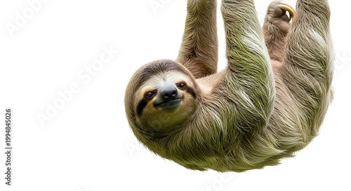 A close-up of a smiling sloth hanging