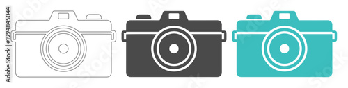 Minimalist digital camera icon set, flat photography equipment symbols in black and teal, professional dslr camera vector graphics for web design isolated on White Background