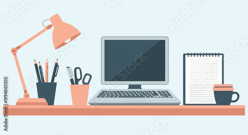 This vector illustration depicts a cozy and organized home office desk with a laptop, a lamp, various stationery items, and a cup of coffee.