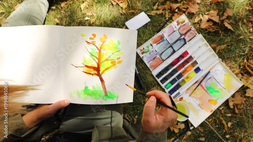 A person paints a watercolor tree in a sketchbook outdoors on a sunny autumn day, surrounded by fallen leaves and art supplies.