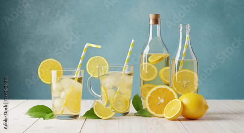 Fresh lemonade drinks with lemons and straws on wooden table