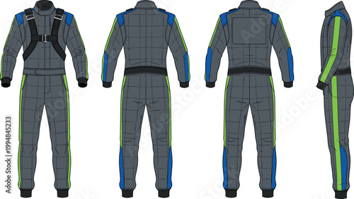 Vector illustration of protective racing or flight suit with harness straps, reinforced seams, and blue green accent panels