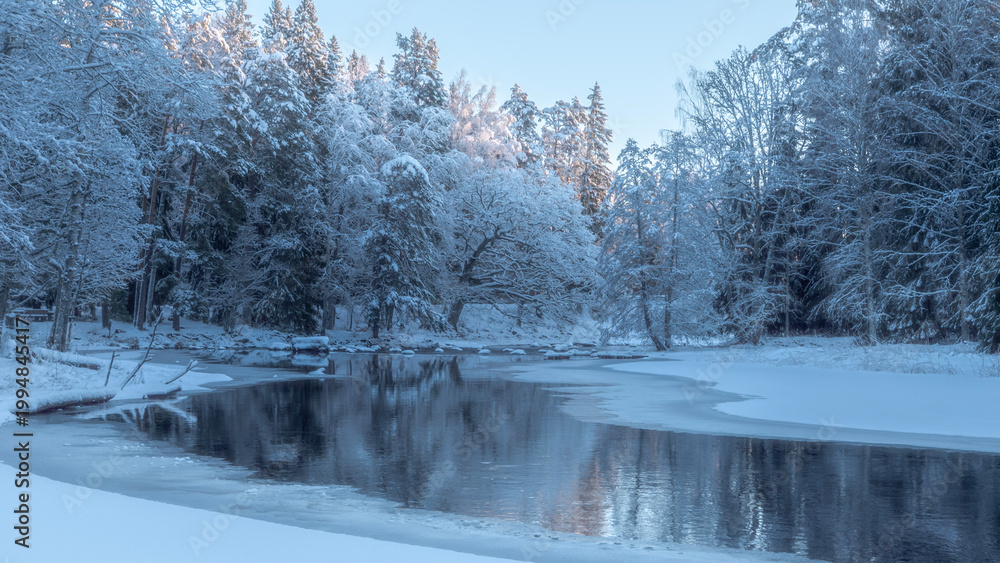 Obraz premium Swedish river and natural saalmon area in winter Farnebofjarden natinal park in north of Sweden.