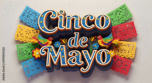 Colorful cinco de mayo celebration sign with decorative paper flowers
