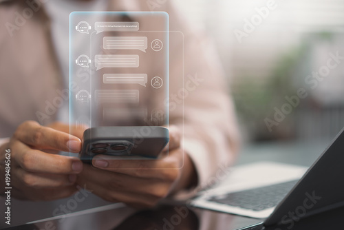 AI chatbot customer support and virtual assistant service concept. Person using smartphone for instant messaging and automated digital help desk interaction to enhance online user experience.