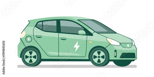 Modern Green Electric Hatchback City Car EV Side View Flat Vector Illustration For Sustainable Urban Mobility